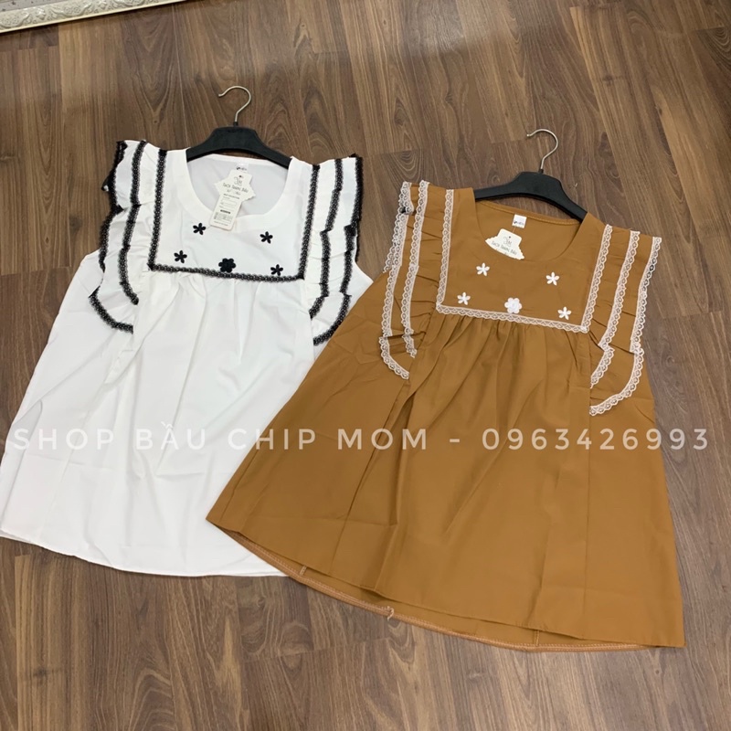 Áo bầu TK tay cánh tiên, cổ bèo hoa thêu xinh xắn mềm mát AH10