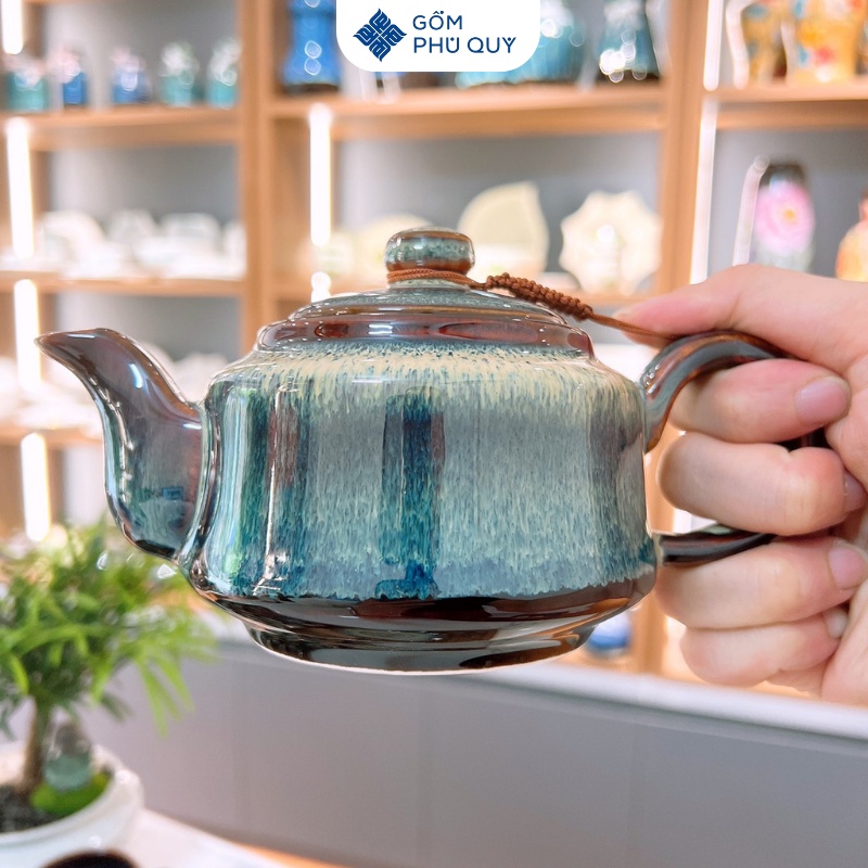 Bộ Ấm Chén Uống Trà, Trà Đạo Vuông Eo Thiên Mục  Men Hỏa Biến Gốm Sứ Bát Tràng Gomphuquy Ttg01
