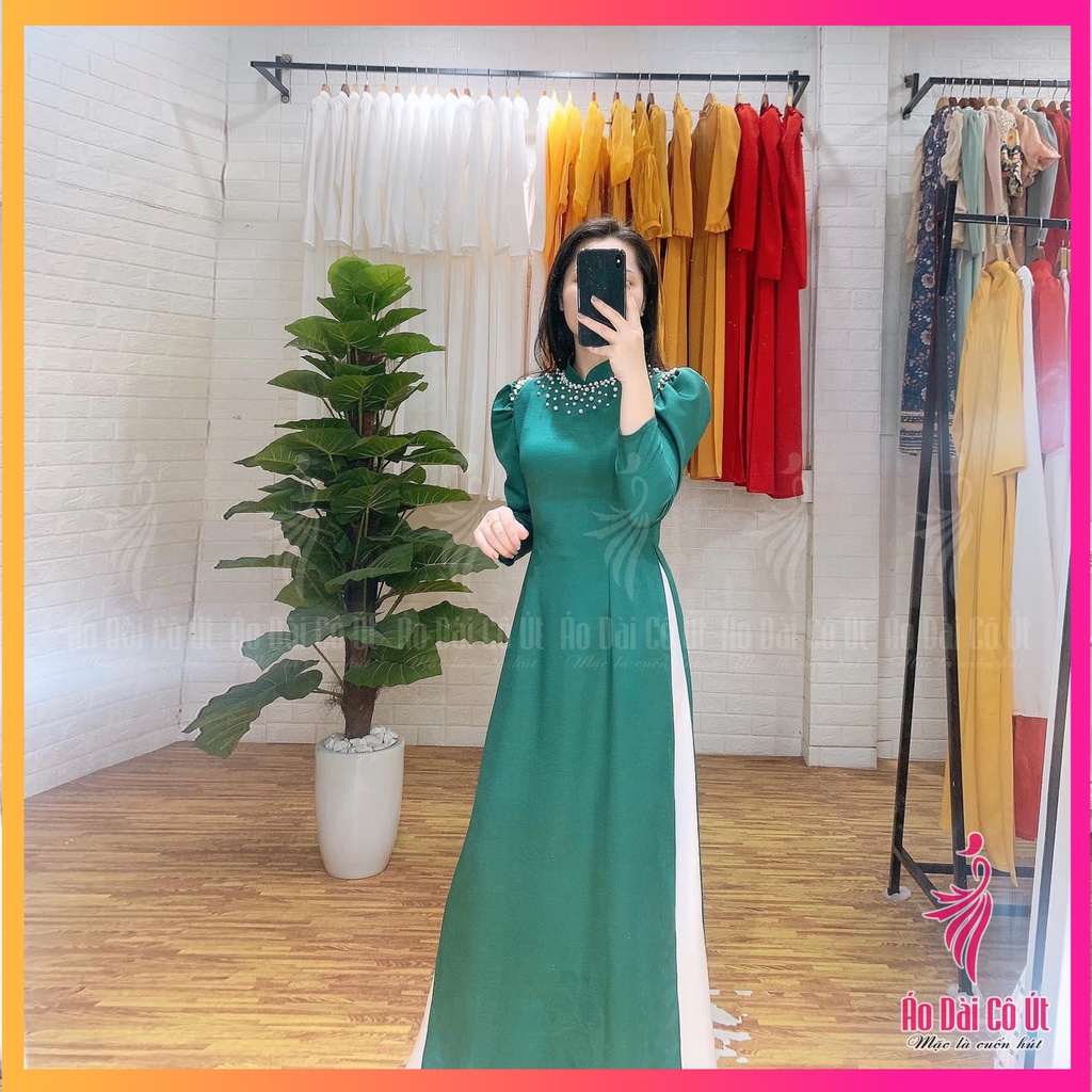 Áo dài tủa ngọc cổ truyền thống tay bồng, vải lụa tây thi