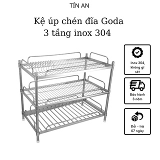 Kệ úp bát đĩa inox 304 loại 3 tầng Goda, inox chính hãng không bị gỉ sét, độ bền cao