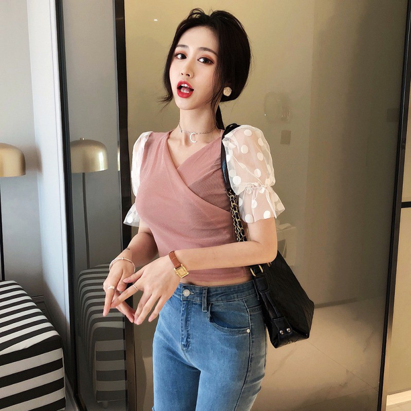 Women Sexy Sling Strapless V Collar Mesh Stitching Short Sleeve Blouse | BigBuy360 - bigbuy360.vn