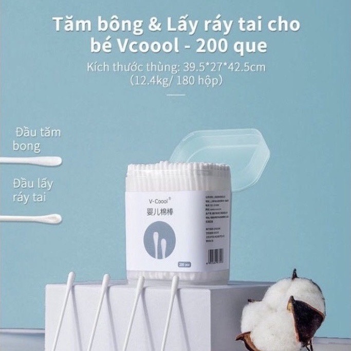 Bông tăm Vkool cao cấp vệ sinh, bôi thuốc an toàn cho bé (200que/hộp)