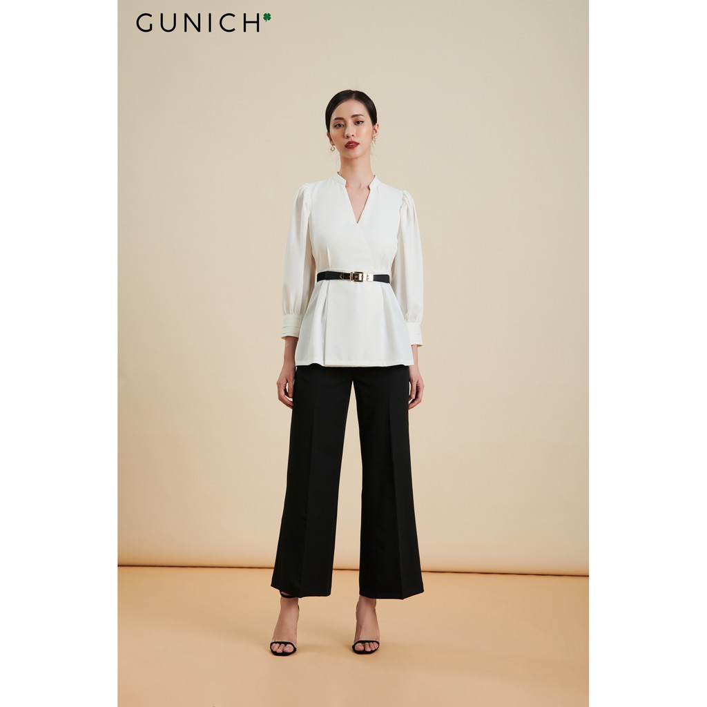 Áo peplum cổ đắp chéo tay lỡ màu trắng vải lụa chéo ý Gunich