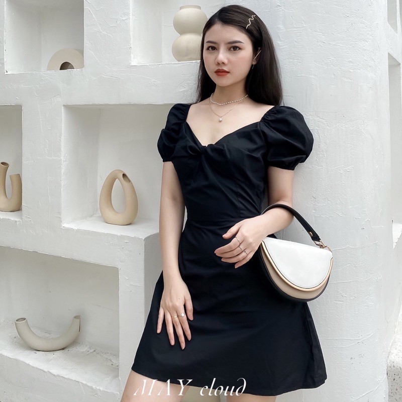 Đầm nữ ngắn tay phồng bẹt vai có khóa kéo