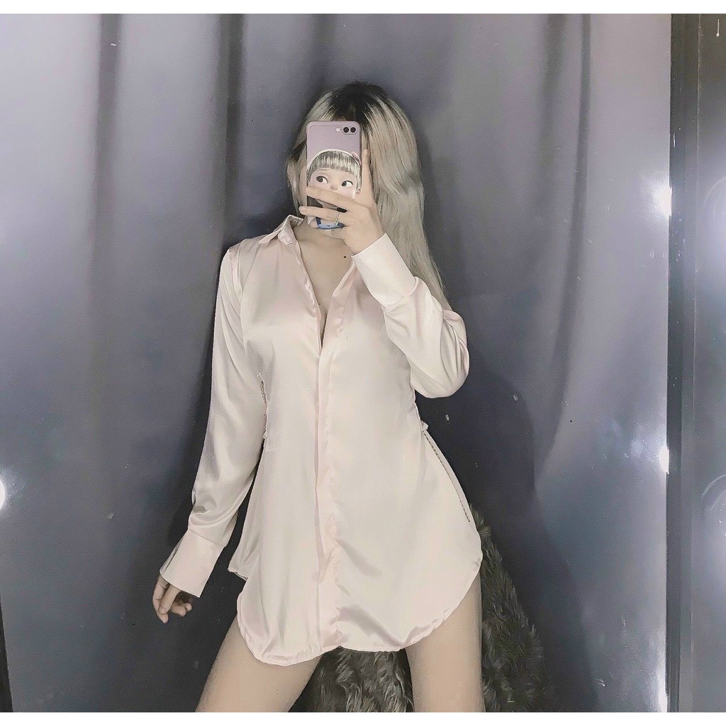 Đầm kiểu sơ mi phi lụa trơn cực xinh , chất phi lụa mềm mịn ( ảnh thật )