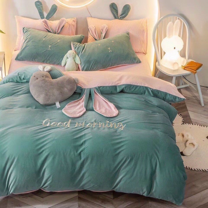 Bộ Chăn Ga Nỉ Nhung mịn  Phối Tai Thỏ Siêu Kute ->Mẫu Mới Nhất-> Chọn mẫu/Size