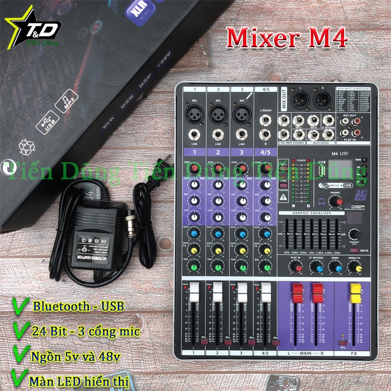 Bộ Mixer M4 USB Có Bluetooth USB Dùng Cho Karaoke Livestream Với 24bit 99 hiệu ứng, Mixer M4 3 Cổng Mic Màn Hình Led Báo