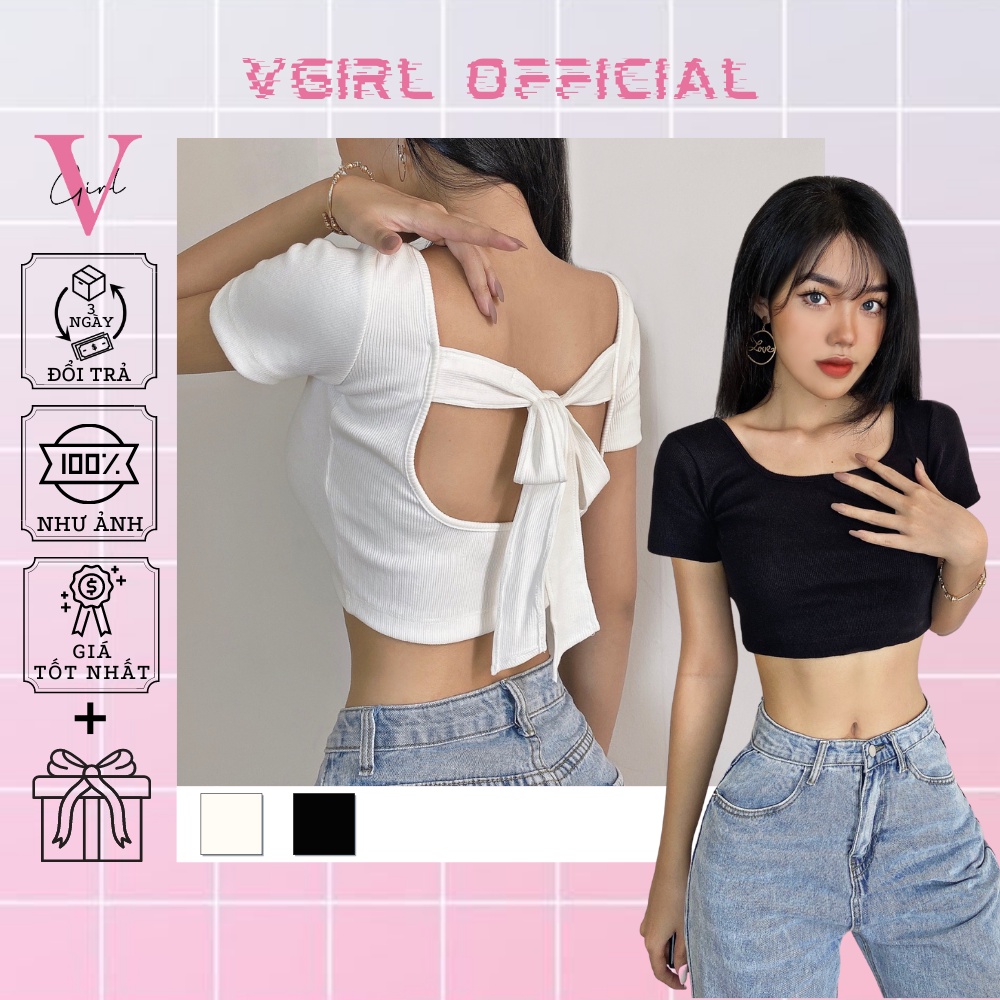 Áo croptop nữ VGIRL khoét lưng cột nơ, cổ chữ U [ẢNH ĐỘC QUYỀN]