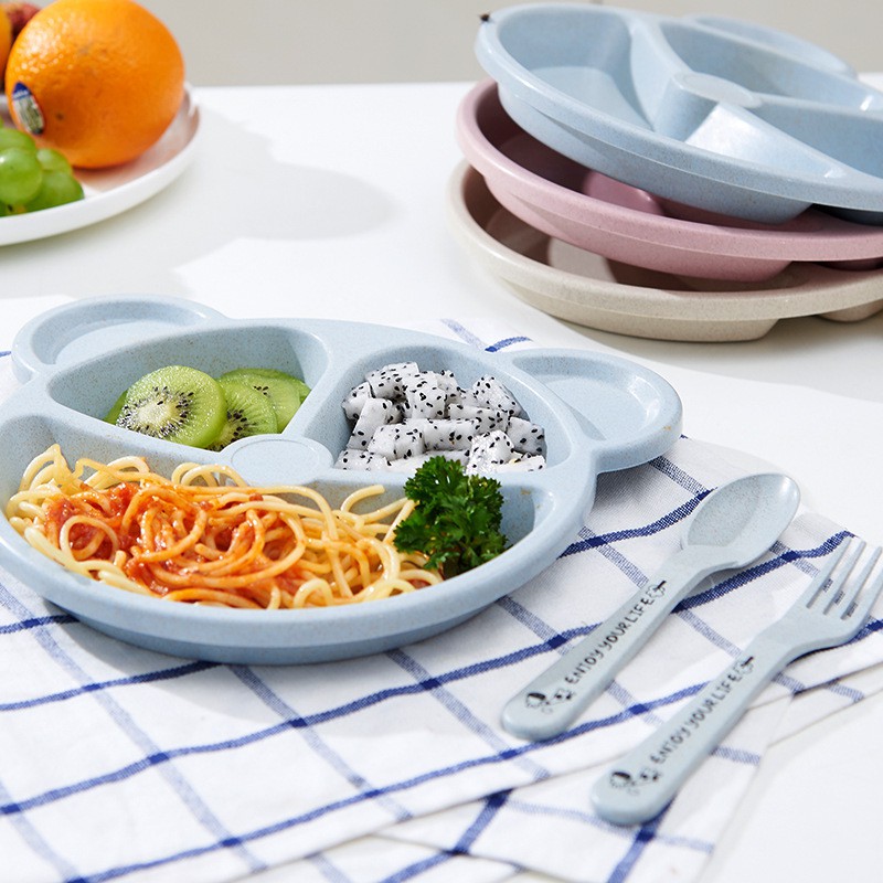 Khay ăn dặm cho bé kèm muỗng, nĩa khay ăn dặm lúa mạch đựng đồ an toàn, tiện dụng