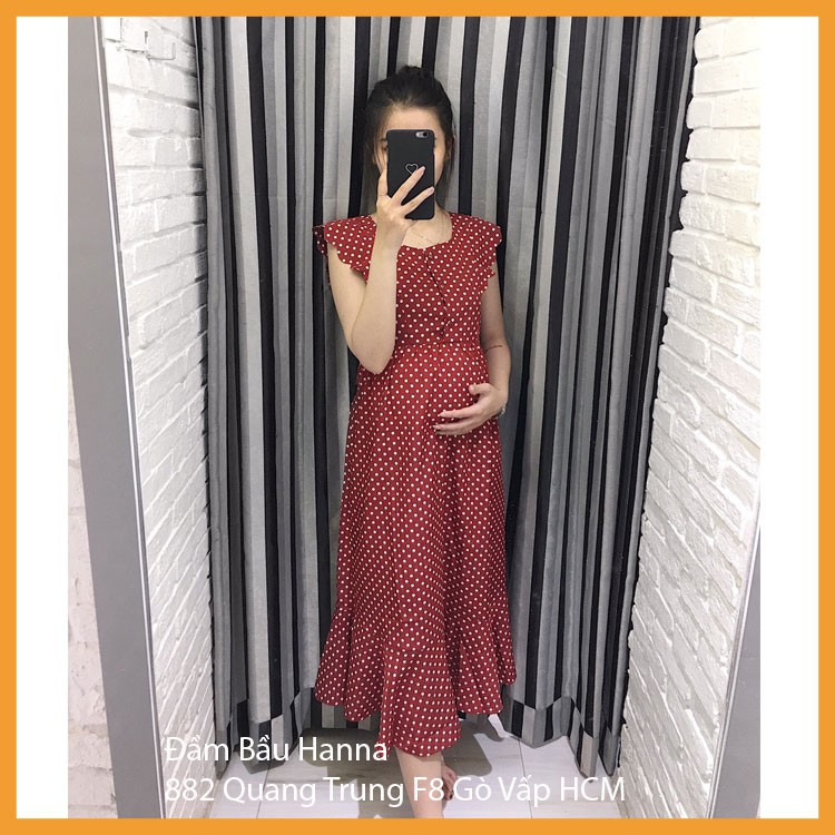 [HANNA] Đầm bầu cho bé bú mặc bầu và sau sinh cởi nút cho bé bú tiện lợi dáng dài qua gối có size 80kg vải lụa 1 lớp mát