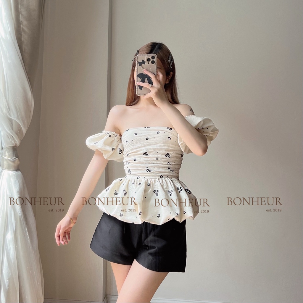 áo cúp bồng kèm tay trễ vai xoè dúm ngực phong cách tiểu thư vải đũi xốp Hàn thiết kế Bonheur Mina Top | BigBuy360 - bigbuy360.vn