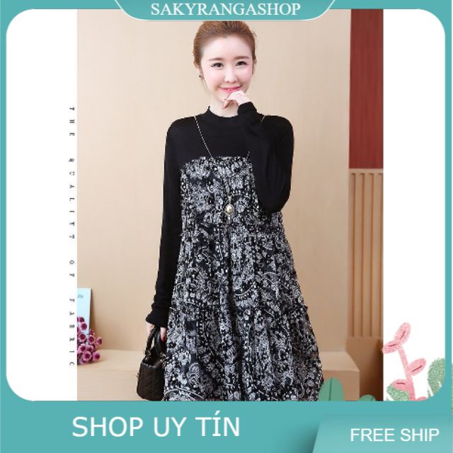 ĐẦM SUÔNG HỌA TIẾT PHỐI TAY THUN HÀNG NHẬP CAO CẤP