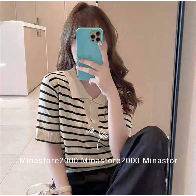 (Sẵn/Ảnh thật) Áo Polo nữ tay ngắn họa tiết kẻ ngang phong cách Hàn Quốc, Áo croptop kẻ ngang