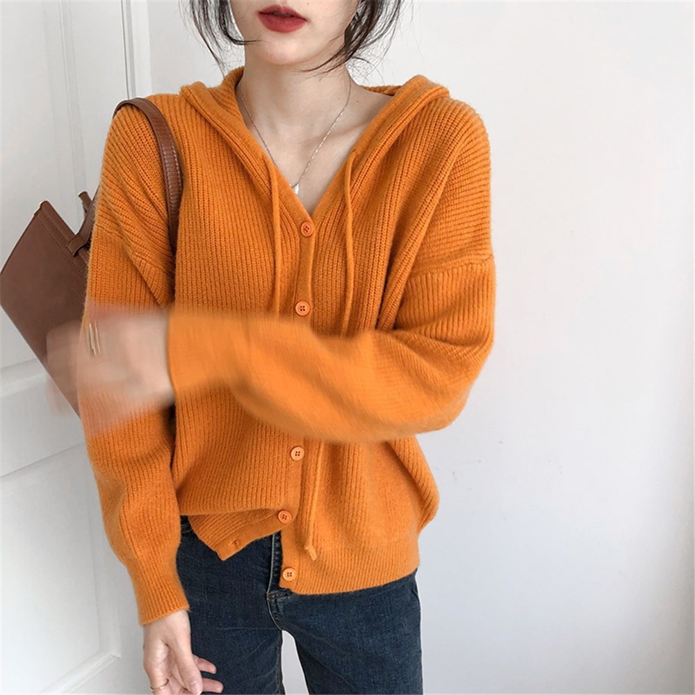 Áo cardigan dệt kim tay dài màu trơn có mũ trùm phối dây rút thời trang dự tiệc cho nữ | BigBuy360 - bigbuy360.vn