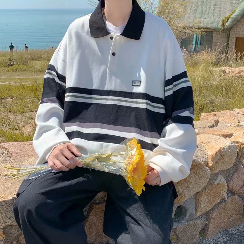 Áo Sweater chui đầu dáng rộng kẻ sọc kiểu Hàn Quốc thời trang cho nam