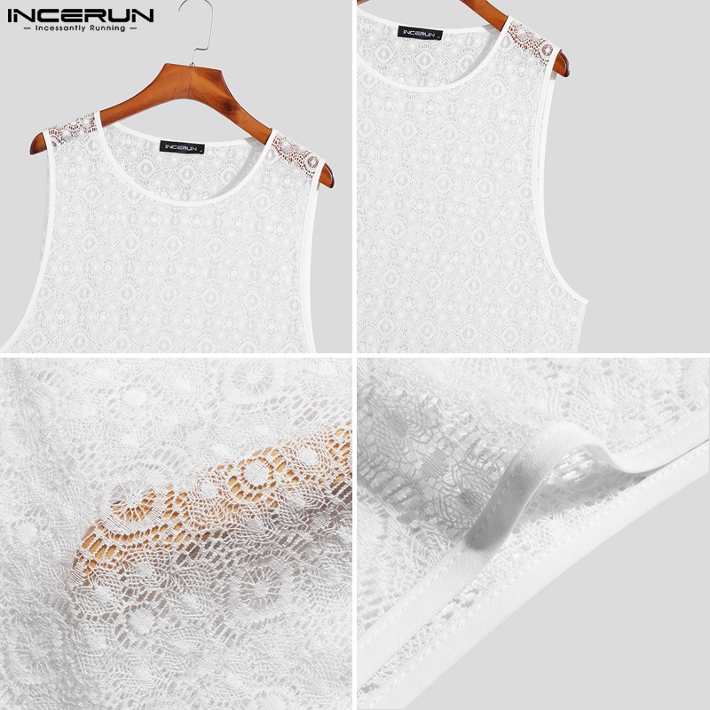 INCERUN Áo Thun Ba Lỗ Màu Trắng Phối Ren Thời Trang Cho Nam