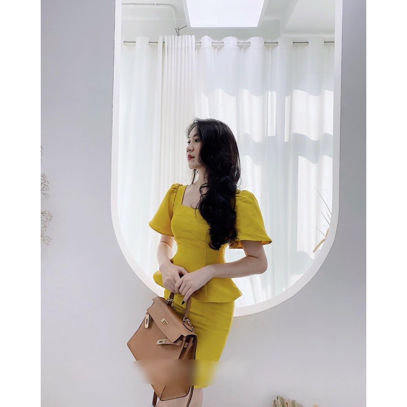 ĐẦM NỮ MÀU VÀNG SANG CHẢNH, THIẾT KẾ SANG TRỌNG DÁNG PEPLUM