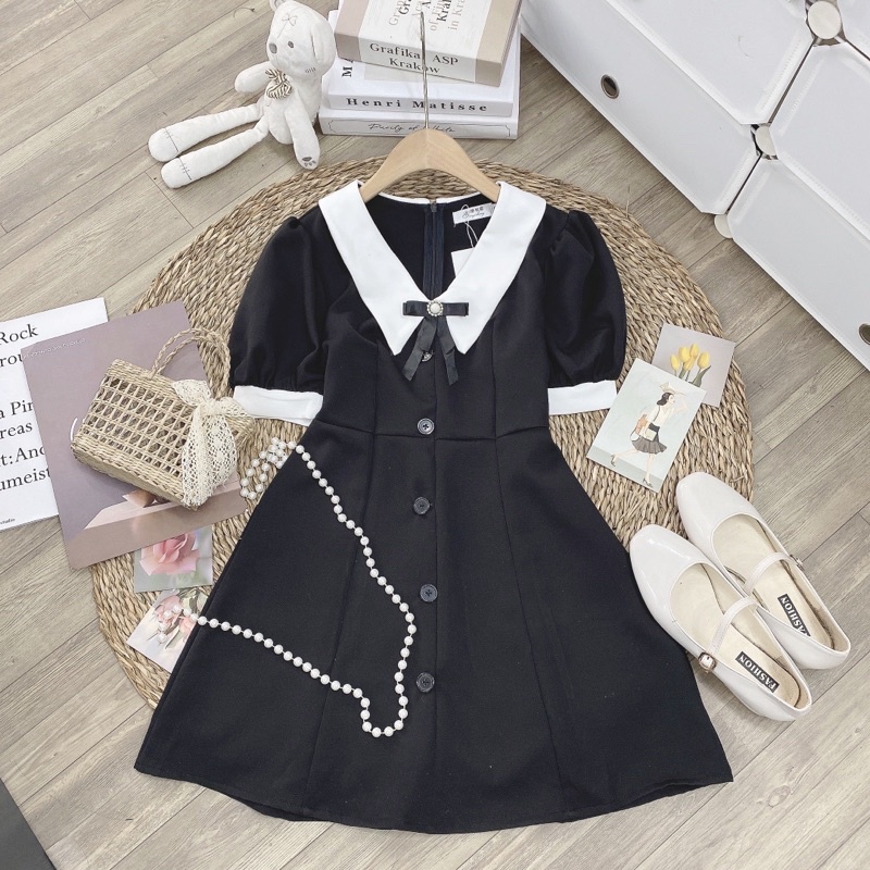 Đầm váy công sở màu đen dáng ngắn cổ nơ trắng hoạ tiết cúc dọc sang chảnh Aimee closet