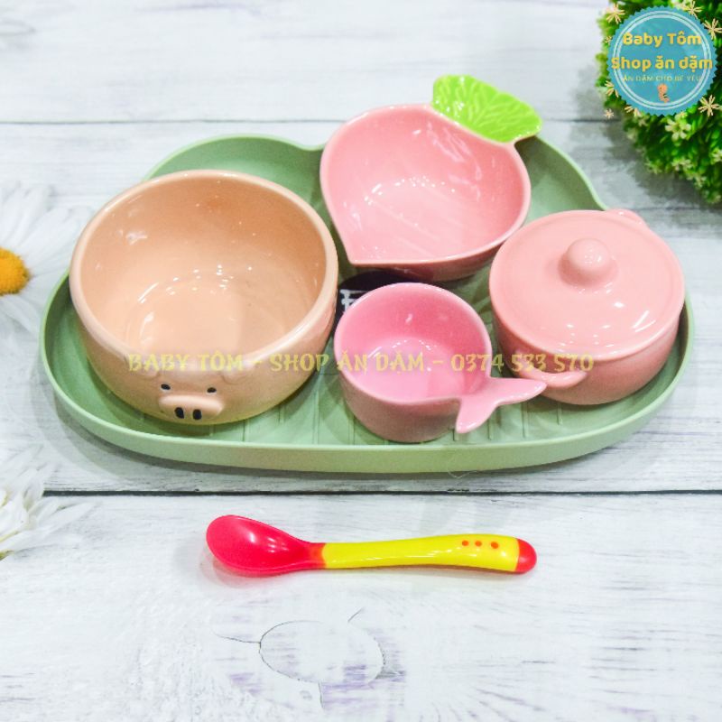 Combo bát ăn dặm gốm sứ hình HEO ngộ nghĩnh cho bé yêu, NPP Baby Tôm