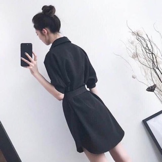 Đầm váy sơ mi đen cột eo - form to (kèm hình thật)