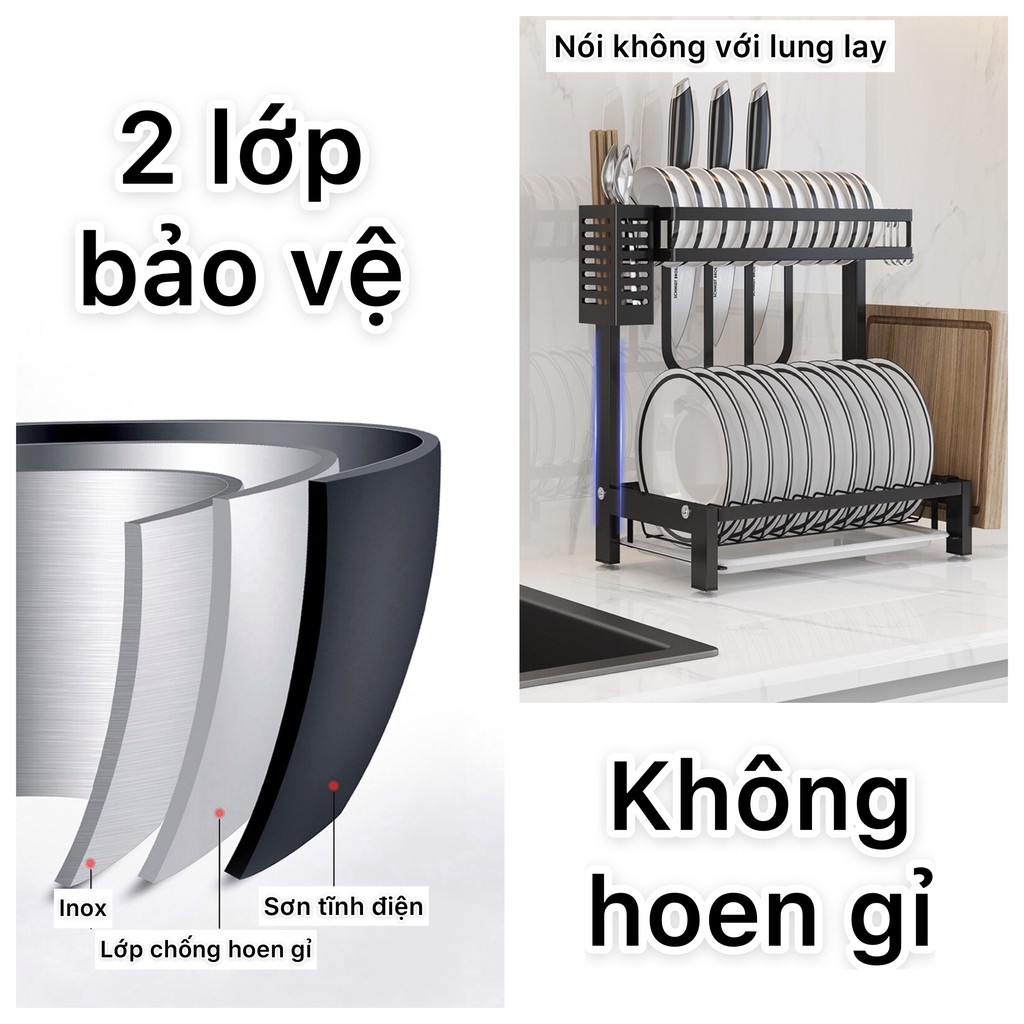 Kệ chén đa năng inox sơn tĩnh điện 2 tầng kèm kệ dao ống đũa kệ để thớt