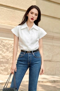 Sơ mi cotton lụa trắng vai chờm -HBSM760