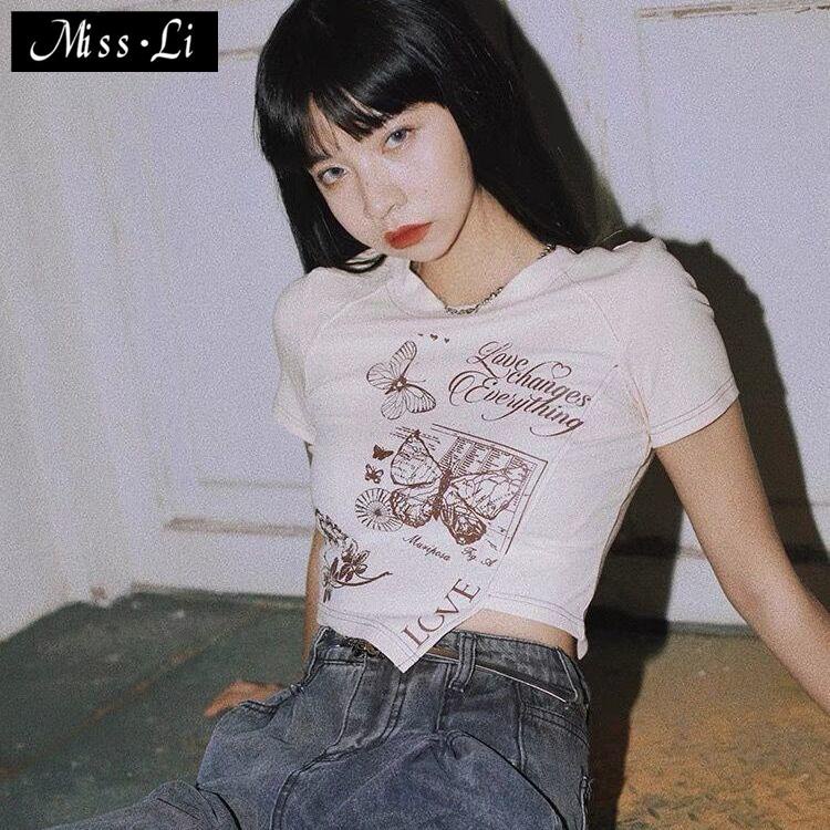 Áo Thun Ngắn Tay Lưng Cao In Họa Tiết Phong Cách Âu Mỹ Thời Trang Mùa Hè Cho Nữ