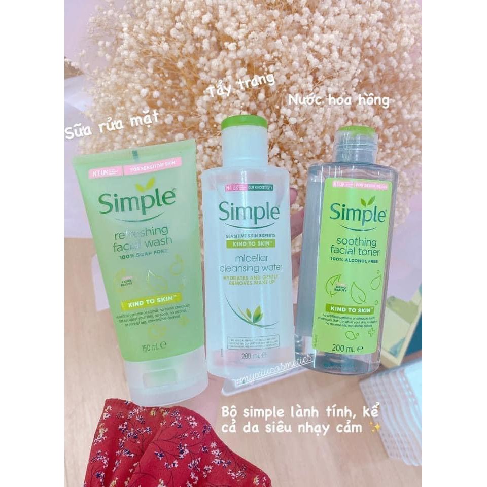 Sữa rửa mặt Simple micellar facial gel wash - Tẩy Trang Simple - Toner nước hoa hồng Simple
