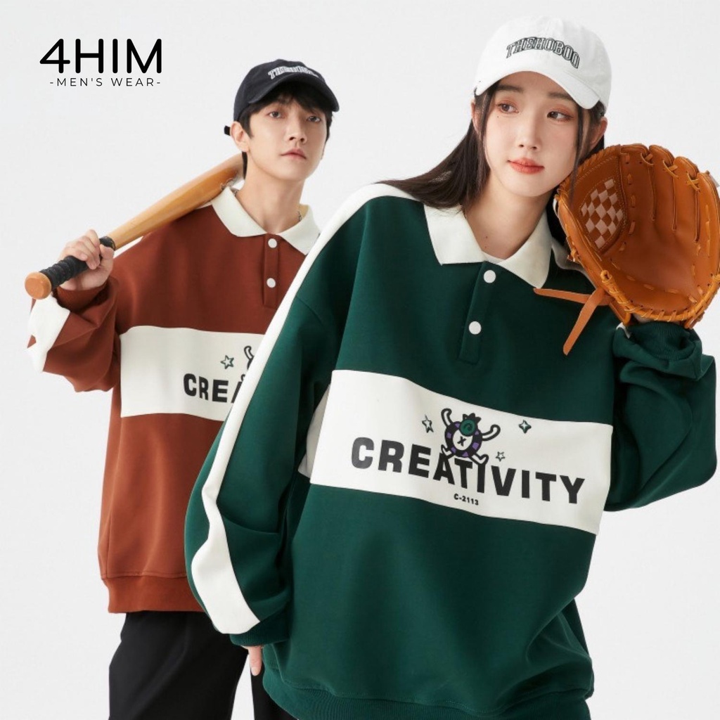 Áo sweater nỉ unisex polo chất vải nỉ bông in hình sắc nét Áo nỉ bông dài tay nam nữ form rộng tay bồng hàn quốc 4him