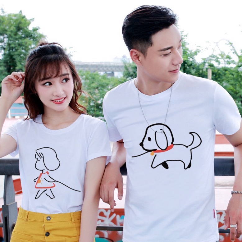 Áo Thun Đôi Tình Nhân In Cô Bé Dắt Chó Đi Dạo ATN6285