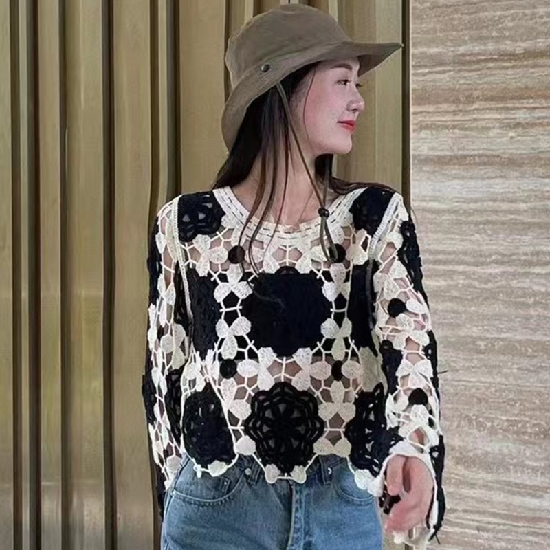 Xiangbao Áo Sweater Dệt Kim Mỏng Cổ Tròn Màu Khối Vintage Cho Nữ