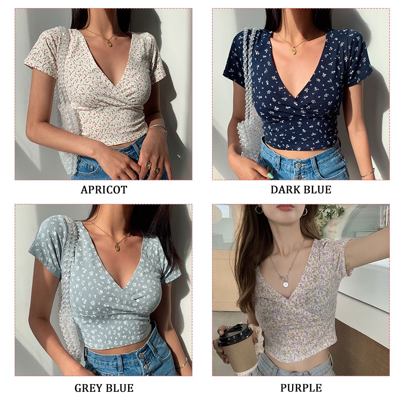 Áo thun lửng YEYA cổ chữ V tay ngắn in họa tiết hoa phong cách Hàn Quốc thời trang mới dành cho nữ