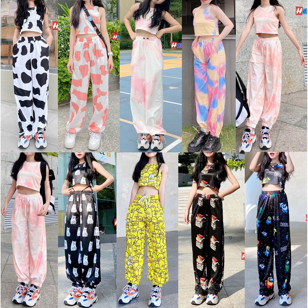 Set Bộ Áo Croptop 3 Lỗ Phối Quần Jogger 3D Loang Màu Ulzzang - MM
