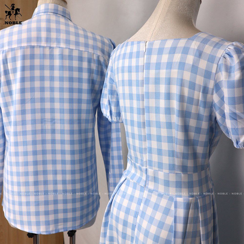 [Freeship] Set đồ đôi áo sơ mi nam đầm nữ caro xanh, dự tiệc, dạo phố thời trang Noble TN437 (kèm ảnh thật)