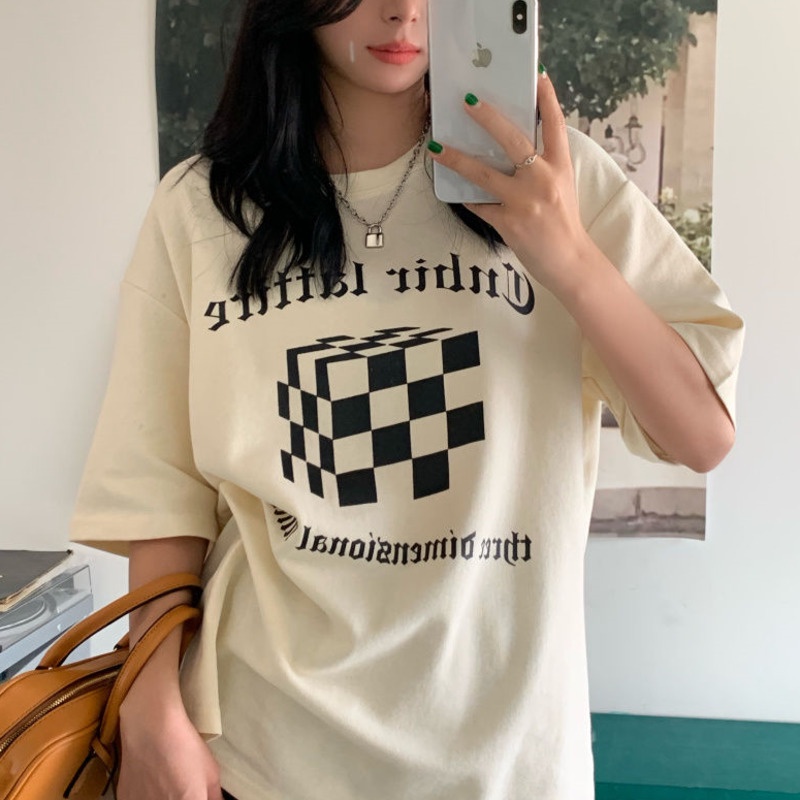 Áo Thun Tay Ngắn Cổ Tròn Dáng Rộng In Họa Tiết Caro Phong Cách Hàn Quốc Thời Trang