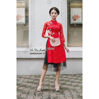 Áo dài ren đỏ 4 tà cách tân kết hoa 3d - 200208