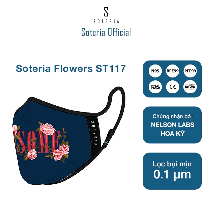 Khẩu trang tiêu chuẩn Quốc Tế SOTERIA Flowers ST117 - Bộ lọc N95 BFE PFE 99 lọc đến 99% bụi mịn 0.1 micro- Size S,M,L