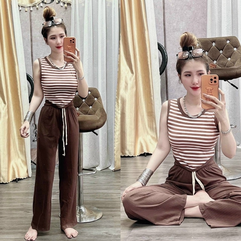 Set quần suông gân áo vạt bầu phối viền xinh xắn