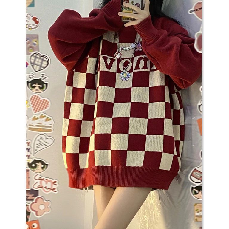 Áo Sweater Dệt Kim Chui Đầu Dáng Rộng In Chữ Cờ Vua Thời Trang Cho Học Sinh Nữ