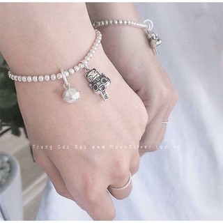 Lắc tay bạc nam nữ moonsilver charm mèo thần tài và chuông, bạc ý