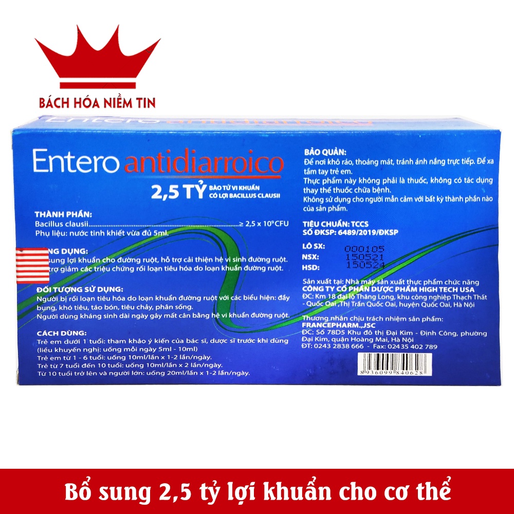 Men vi sinh Entero Antidiarroico bổ sung 2.5 tỷ lợi khuẩn, giảm rối loạn tiêu hóa, giảm táo bón, giảm đi ngoài nhiều lần