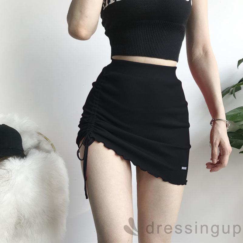 Chân Váy Ngắn Lưng Cao Đan Len Màu Trơn Phối Dây Rút In Chữ Thời Trang Cho Nữ