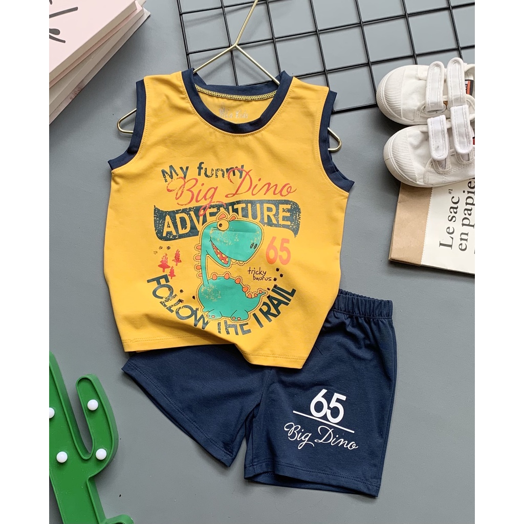 Đồ bộ bộ quần áo ba lỗ bé trai in hình khủng long chất liệu thun cotton 100% co giản 4 chiều cho bé từ 11-36kg