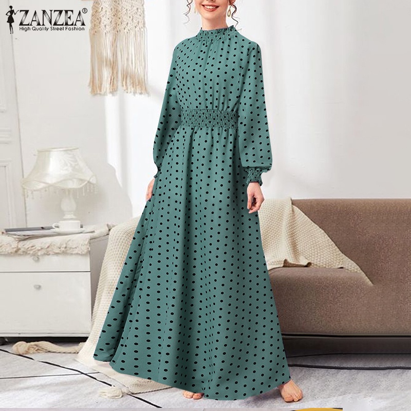 Đầm dài ZANZEA cổ đứng hoạ tiết chấm bi phong cách cổ điển dành cho nữ ZANZE