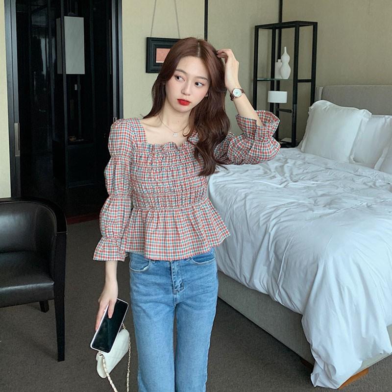 [Baywellfashion]Áo Sơ Mi Tay Loe Cổ Vuông Họa Tiết Sọc Caro Phong Cách Retro