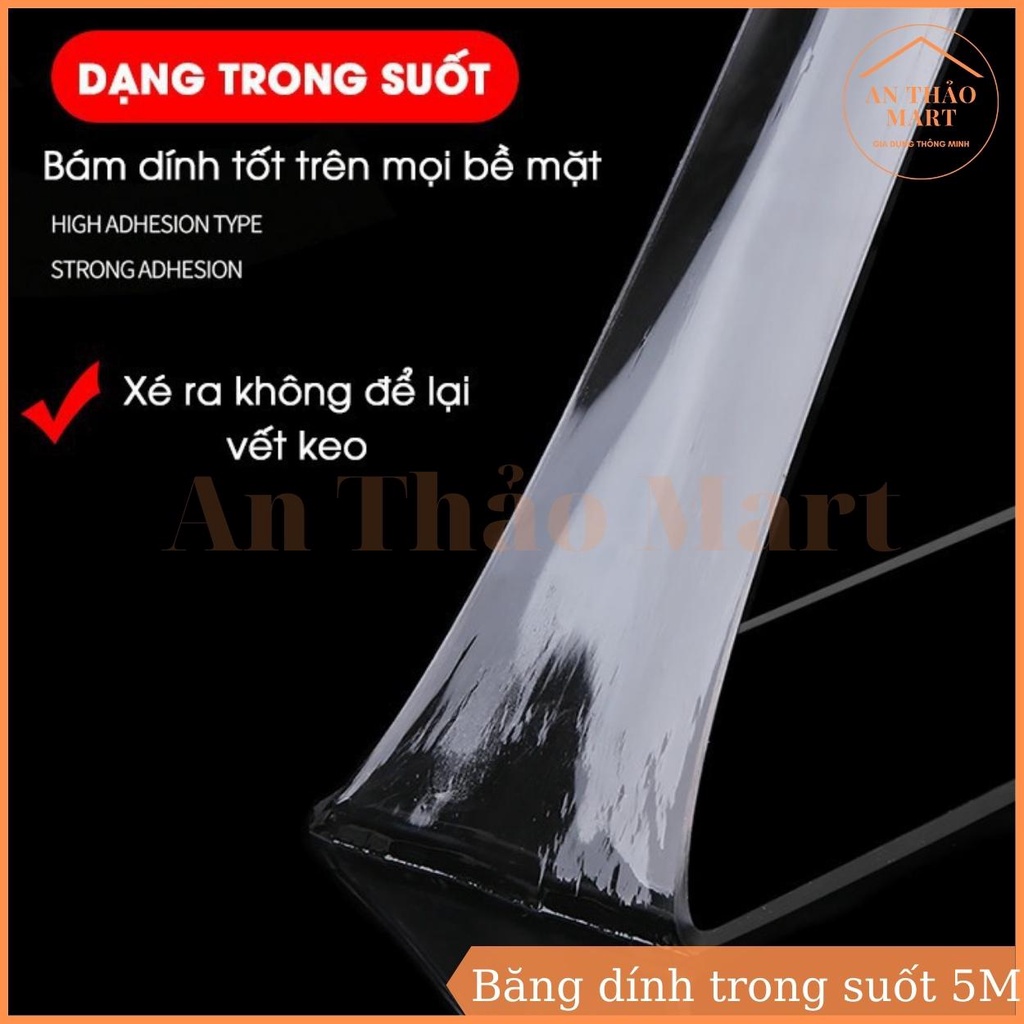 Cuộn 5 Mét Băng Dính 2 Mặt Trong Suốt Rộng 3cm, Băng Keo Nano Siêu Dính Dán Mọi Bề Mặt