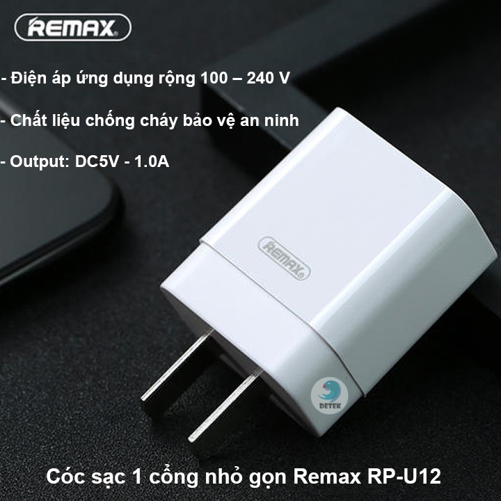 Cóc sạc điện thoại Remax RP-U112 5V-1.0A tặng kèm cáp sạc Lightning cho iphone