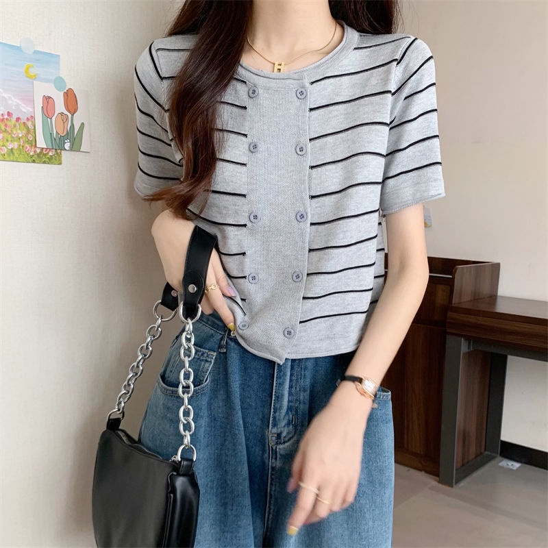 Áo Cardigan Ngắn Tay Dáng Rộng Họa Tiết Kẻ Sọc Thời Trang Mùa Hè