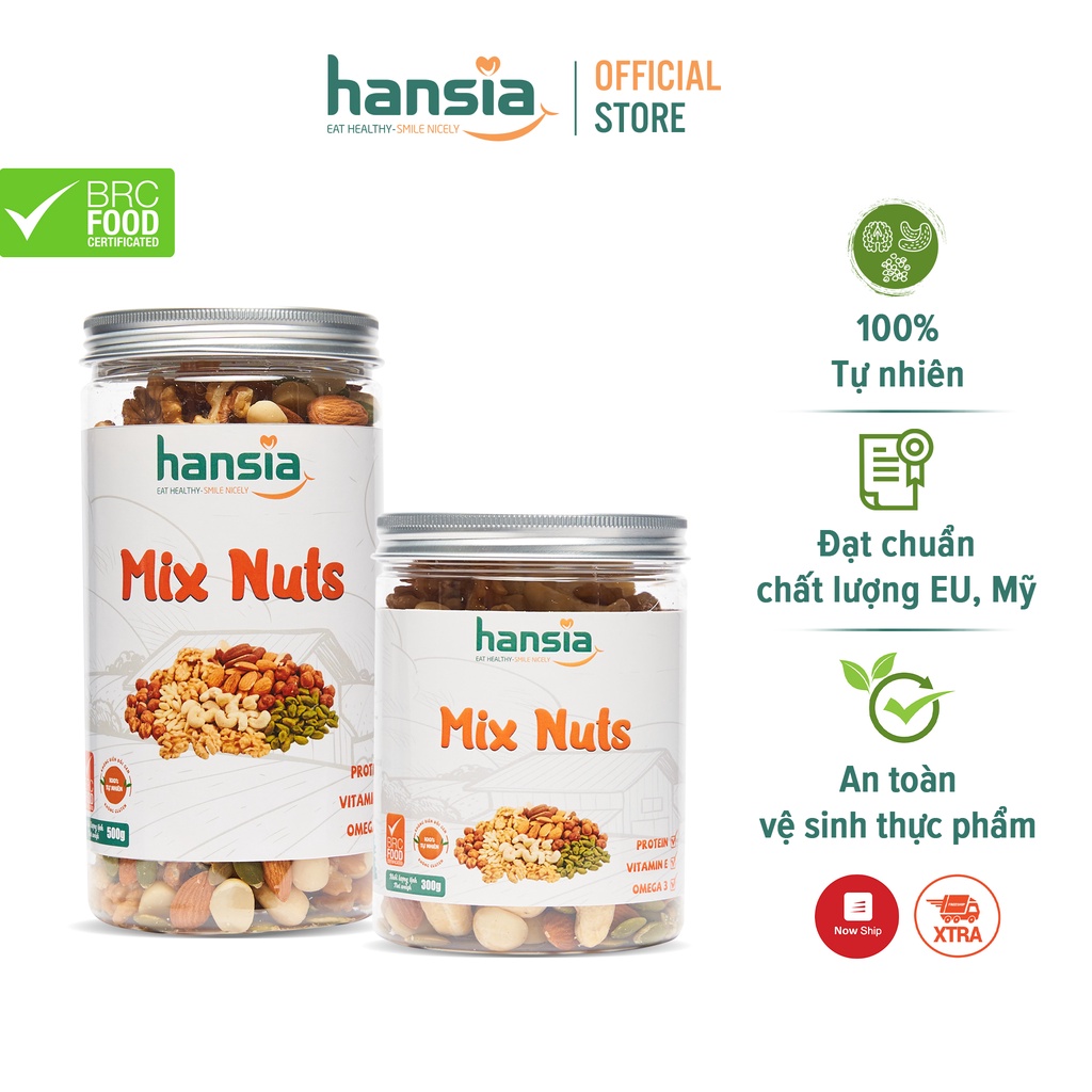 Hạt Các Loại Mix Nuts Organic HANSIA Nhiều Vị Thơm Ngon, Phù Hợp Chế Độ Dinh Dưỡng Lành Mạnh Giàu Năng Lượng 300g - 500g