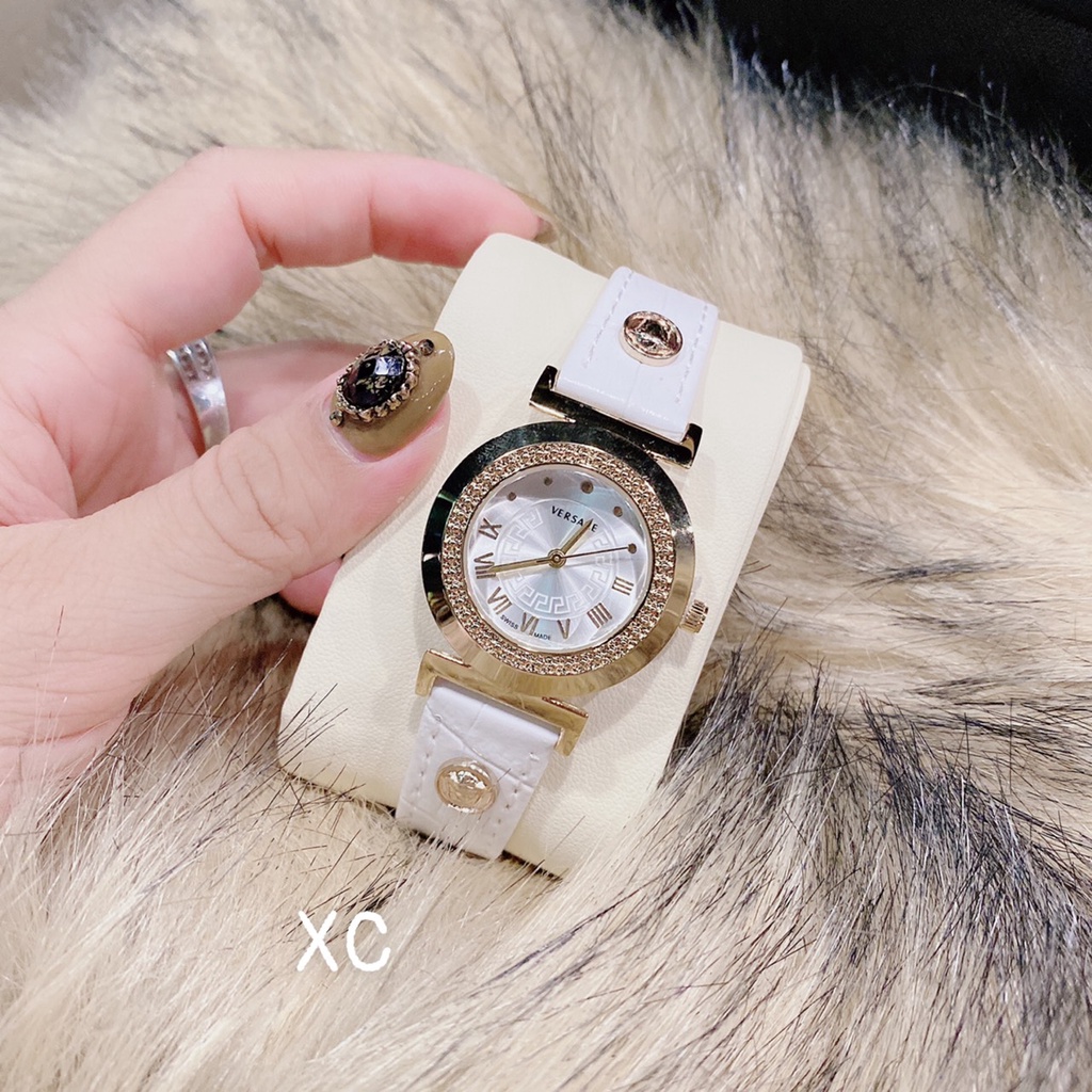 Đồng Hồ Nữ Cao Cấp, Đồng Hồ Đeo Tay Thời Trang VERSACE Dây da mặt Viền Thép Chống Nước